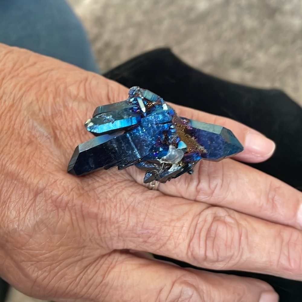 Vintage Aura blue quartz crystal adjustable ring